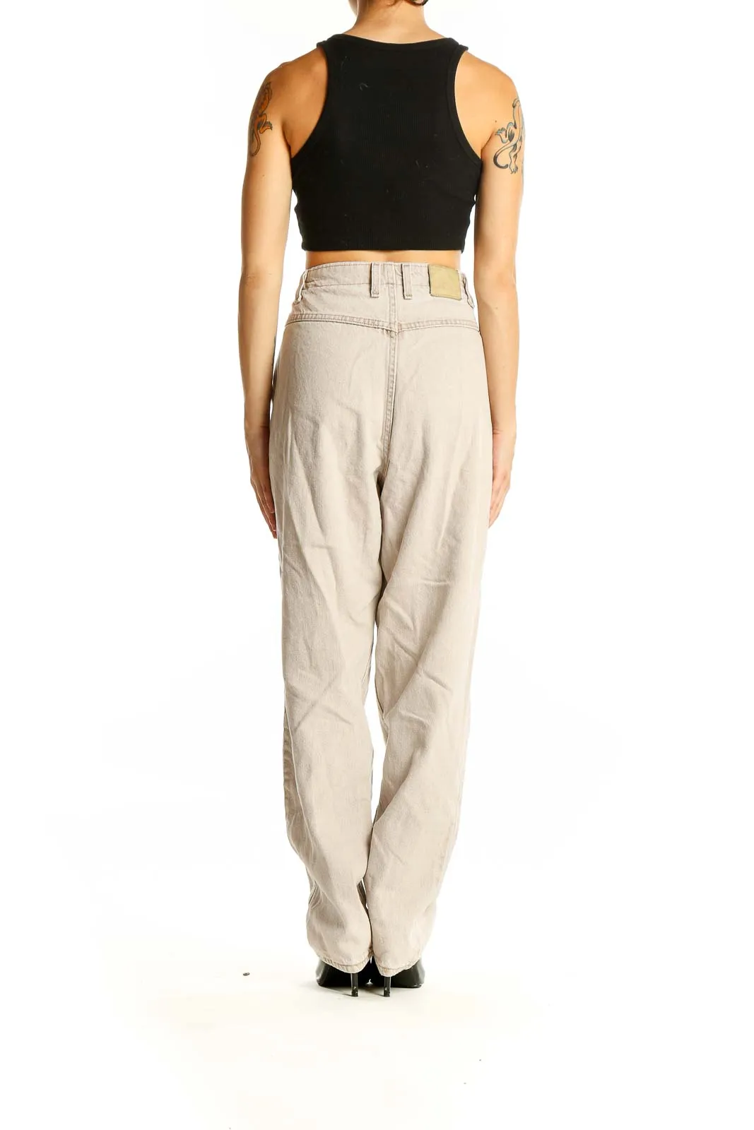 Beige High-Waisted Wide-Leg Denim Jeans