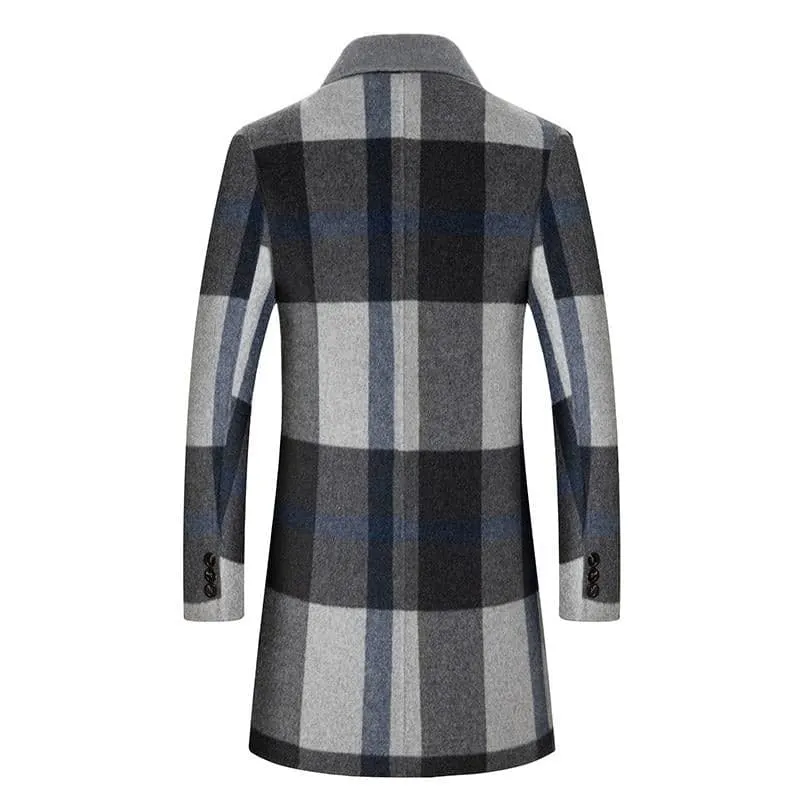 BRADFORD Design Collection Men's Fashion Gray & White Plaid Premium Quality Long Wool Gray & White Plaid Trench Coat Jacket