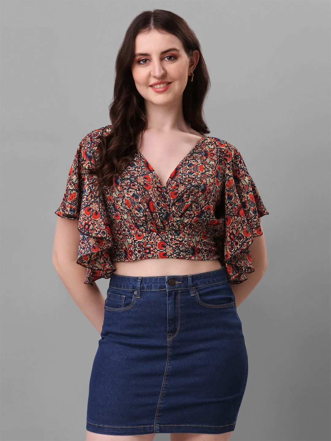 Casual Crop Top  Flared Sleeves Printed Women Top