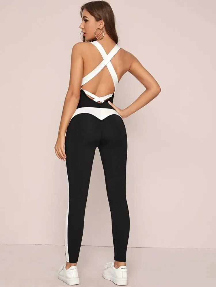Crisscross Backless Colorblock Unitard Jumpsuit