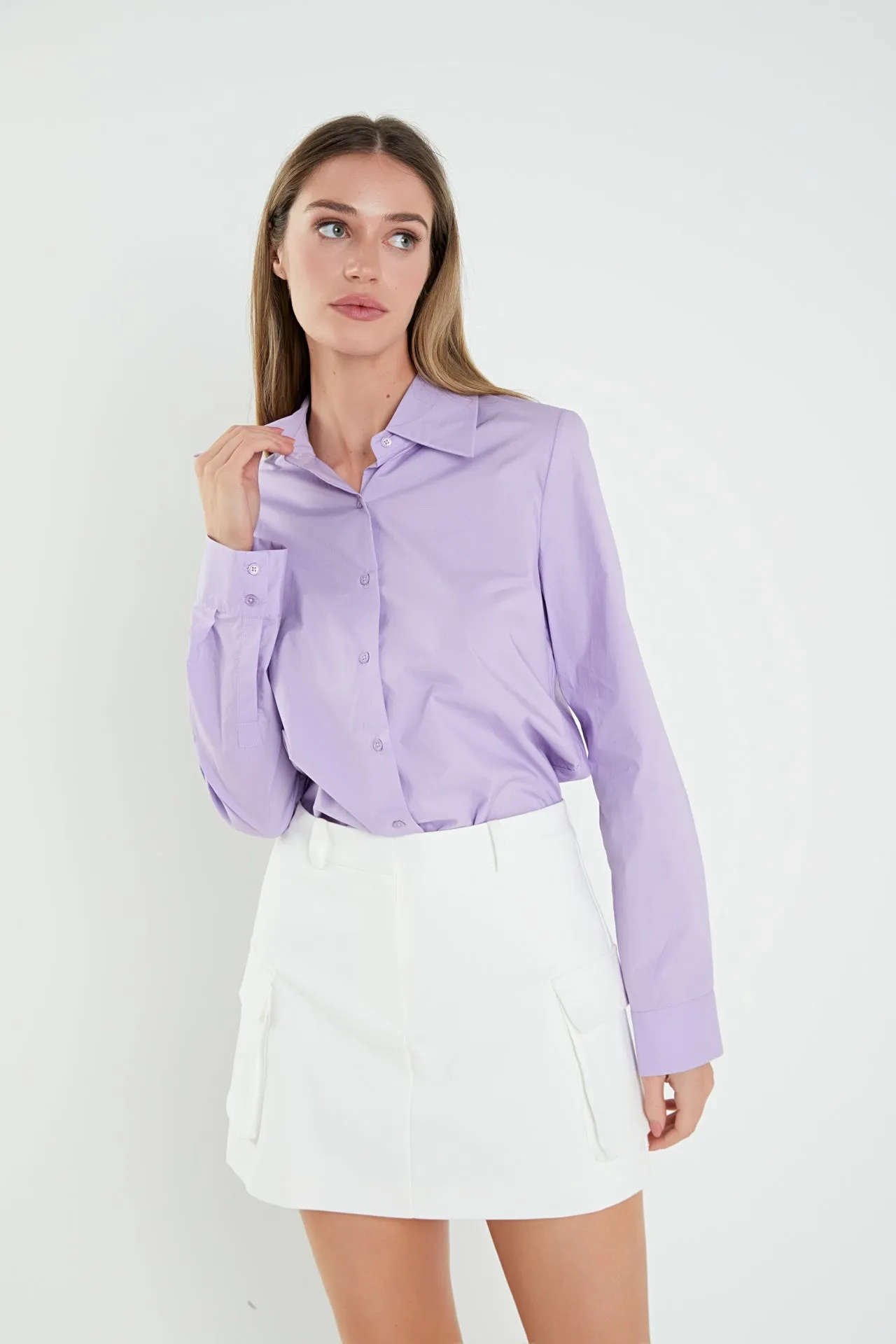 Cuff Sleeve Accent Collar Poplin Dress Shirt