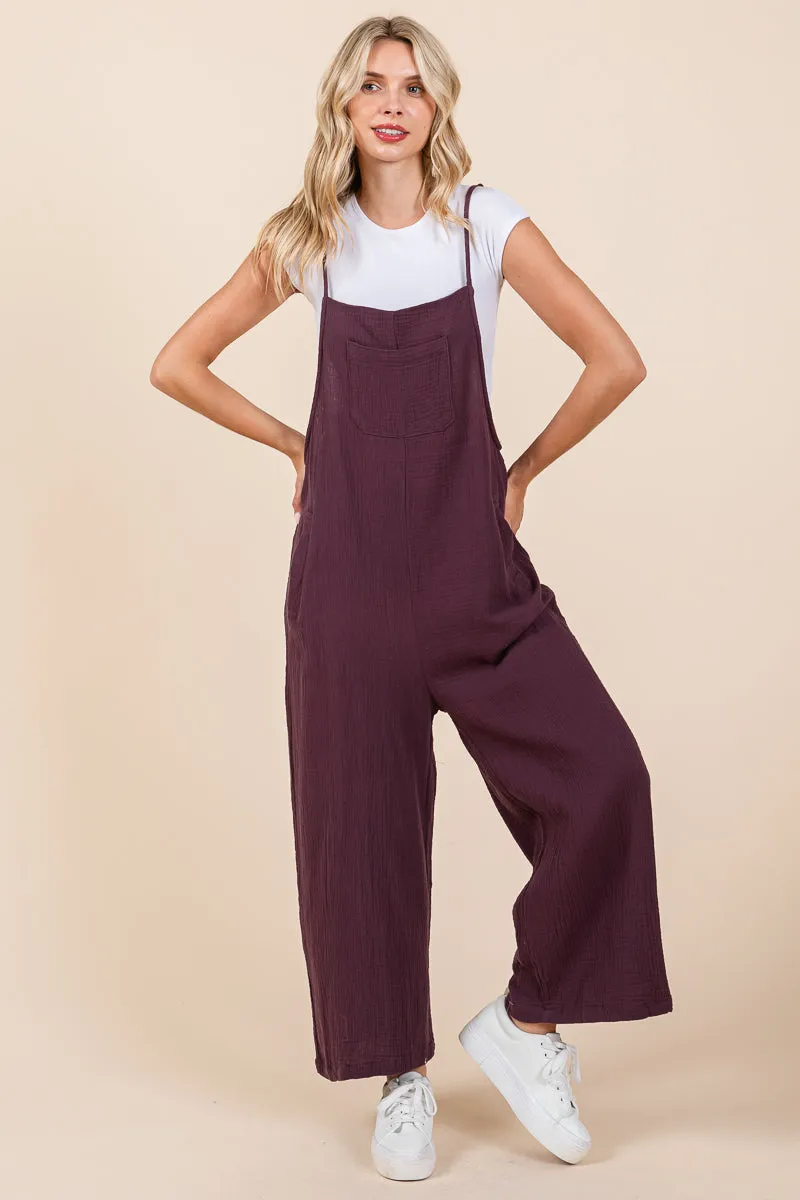 Double Gauze Strap Wide Leg Overalls Jumpsuits