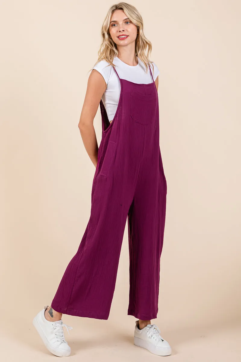 Double Gauze Strap Wide Leg Overalls Jumpsuits
