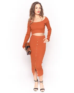 Fine knit crop top and midi skirt co-ords suits