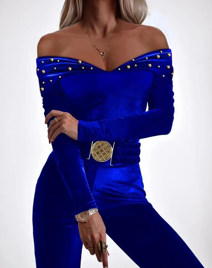 Fitted Velvet Jumpsuits – Golden accents Royal Belt