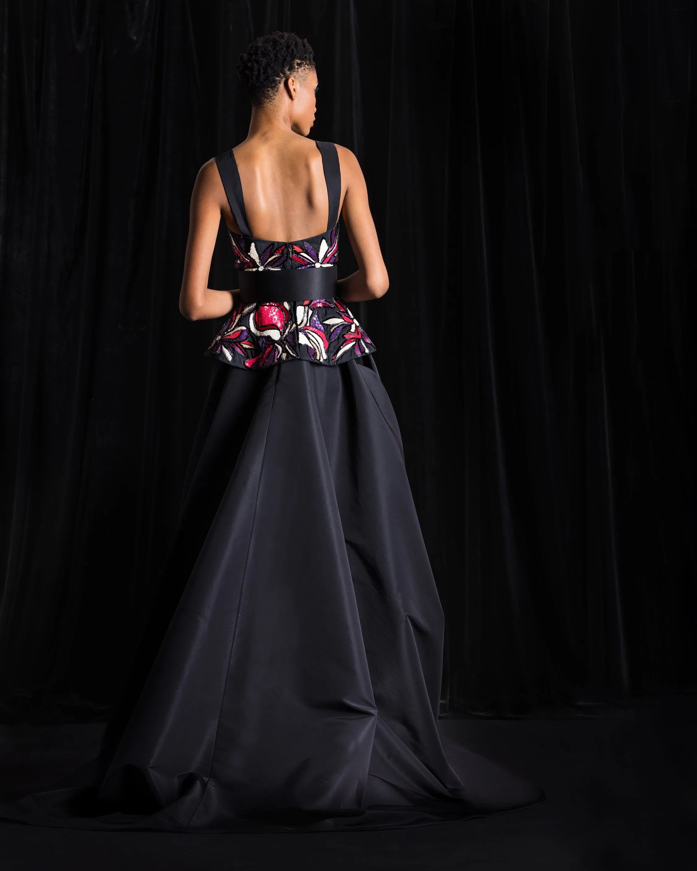 Floral Beaded Peplum Top with Long Faille Skirt