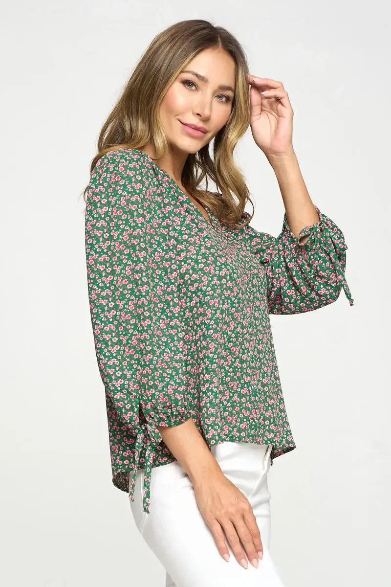 Floral Print Top With Self Tie Sleeves