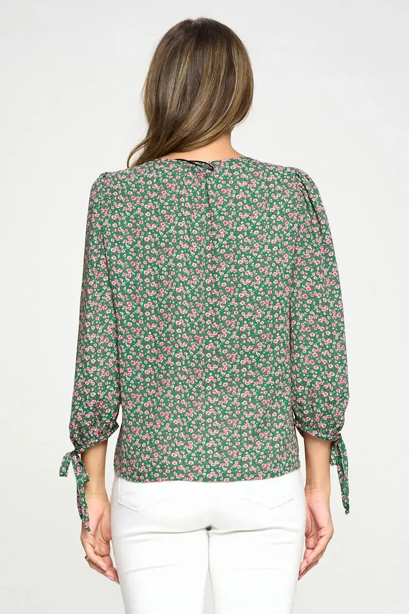 Floral Print Top With Self Tie Sleeves