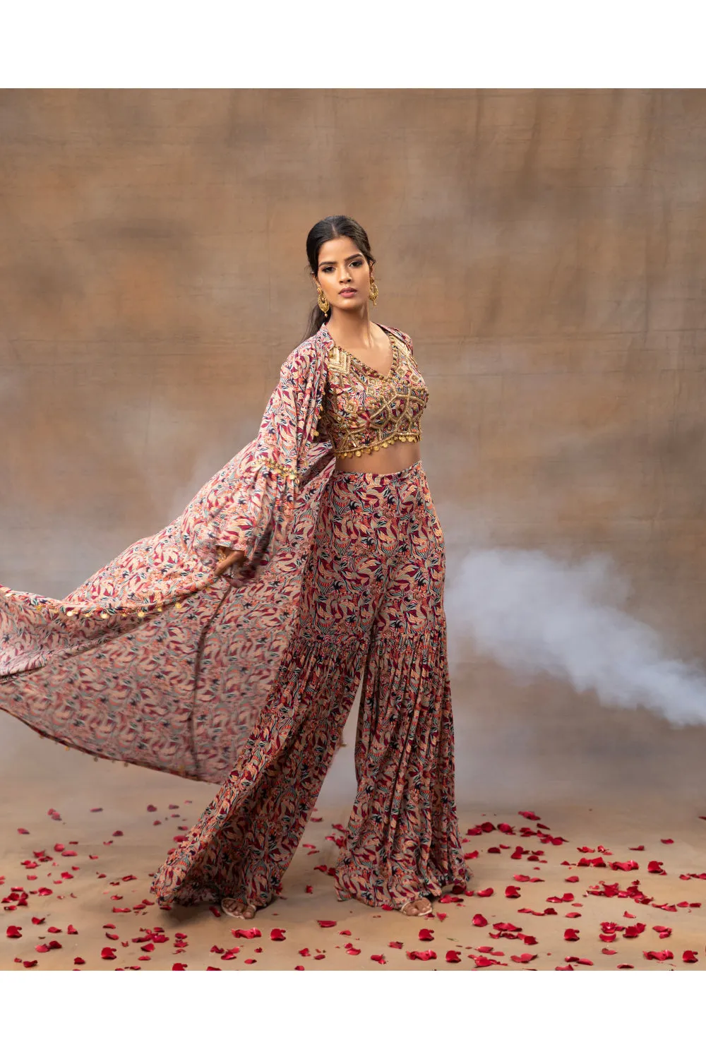 Ivory Printed Choli Sharara And Cape Set