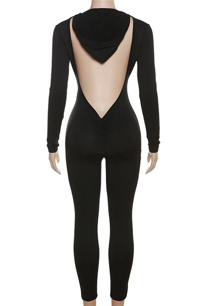 JD836 Sexy Bodycon Backless Long Sleeve Hoodie Jumpsuit