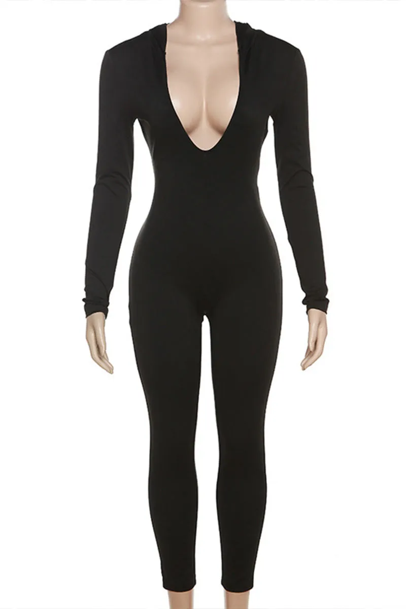 JD836 Sexy Bodycon Backless Long Sleeve Hoodie Jumpsuit