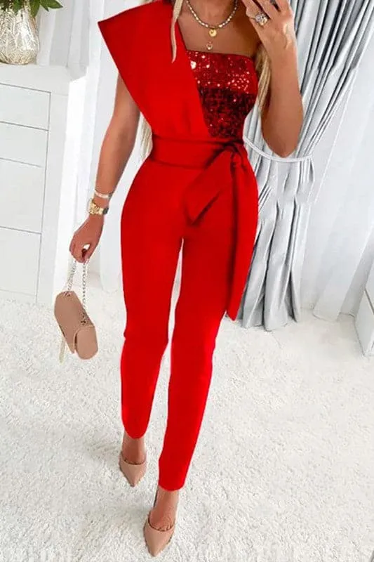 JY937 One Shoulder Sleeveless Sequin Jumpsuit