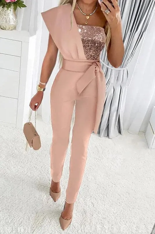 JY937 One Shoulder Sleeveless Sequin Jumpsuit