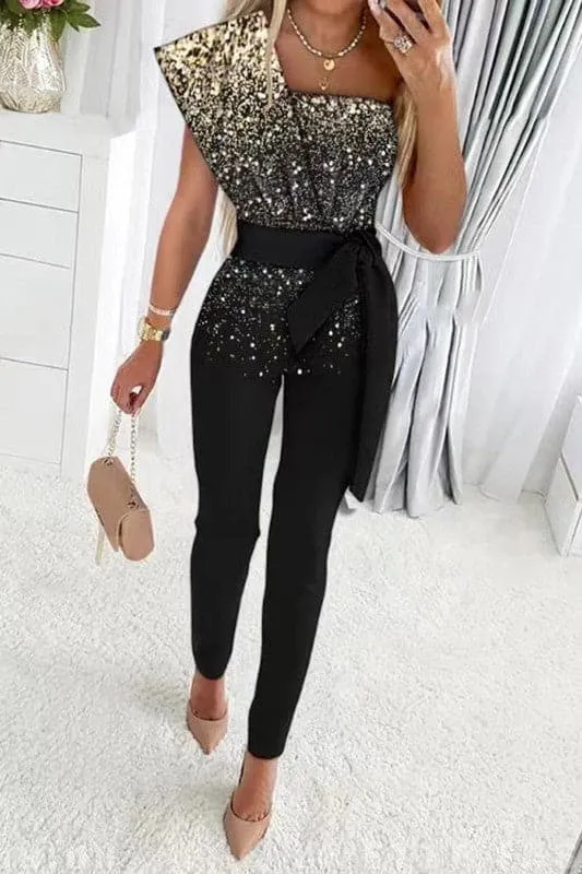 JY937 One Shoulder Sleeveless Sequin Jumpsuit