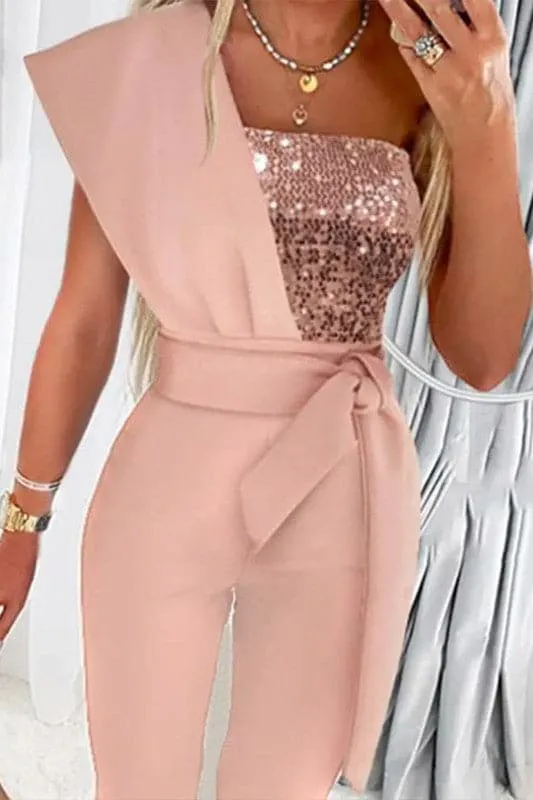 JY937 One Shoulder Sleeveless Sequin Jumpsuit
