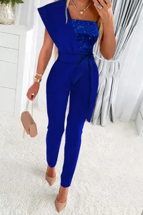 JY937 One Shoulder Sleeveless Sequin Jumpsuit