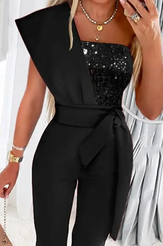 JY937 One Shoulder Sleeveless Sequin Jumpsuit