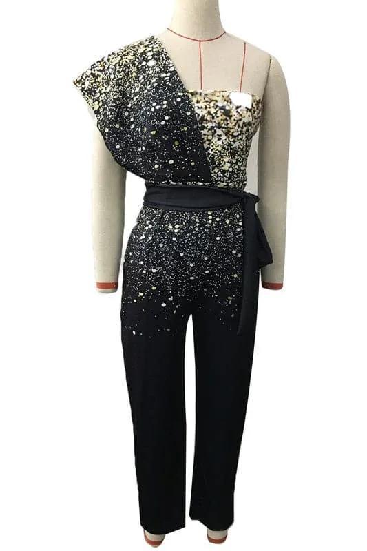 JY937 One Shoulder Sleeveless Sequin Jumpsuit