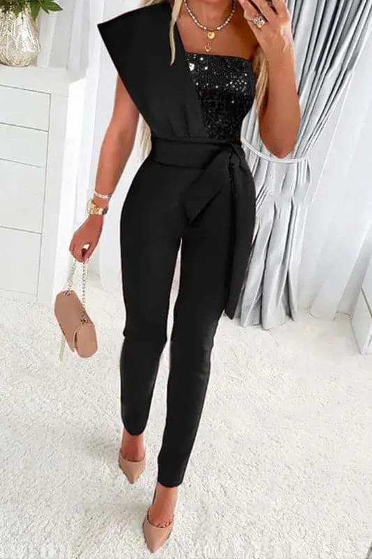 JY937 One Shoulder Sleeveless Sequin Jumpsuit