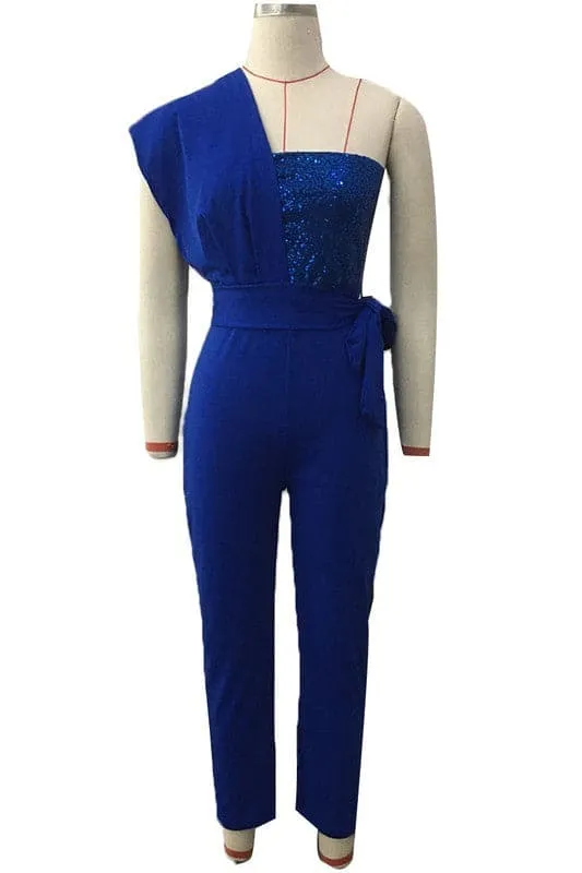 JY937 One Shoulder Sleeveless Sequin Jumpsuit