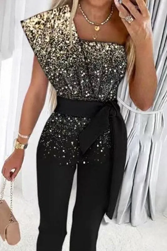 JY937 One Shoulder Sleeveless Sequin Jumpsuit