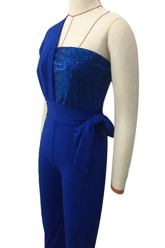 JY937 One Shoulder Sleeveless Sequin Jumpsuit