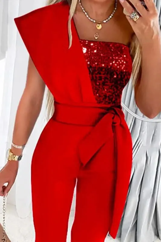 JY937 One Shoulder Sleeveless Sequin Jumpsuit