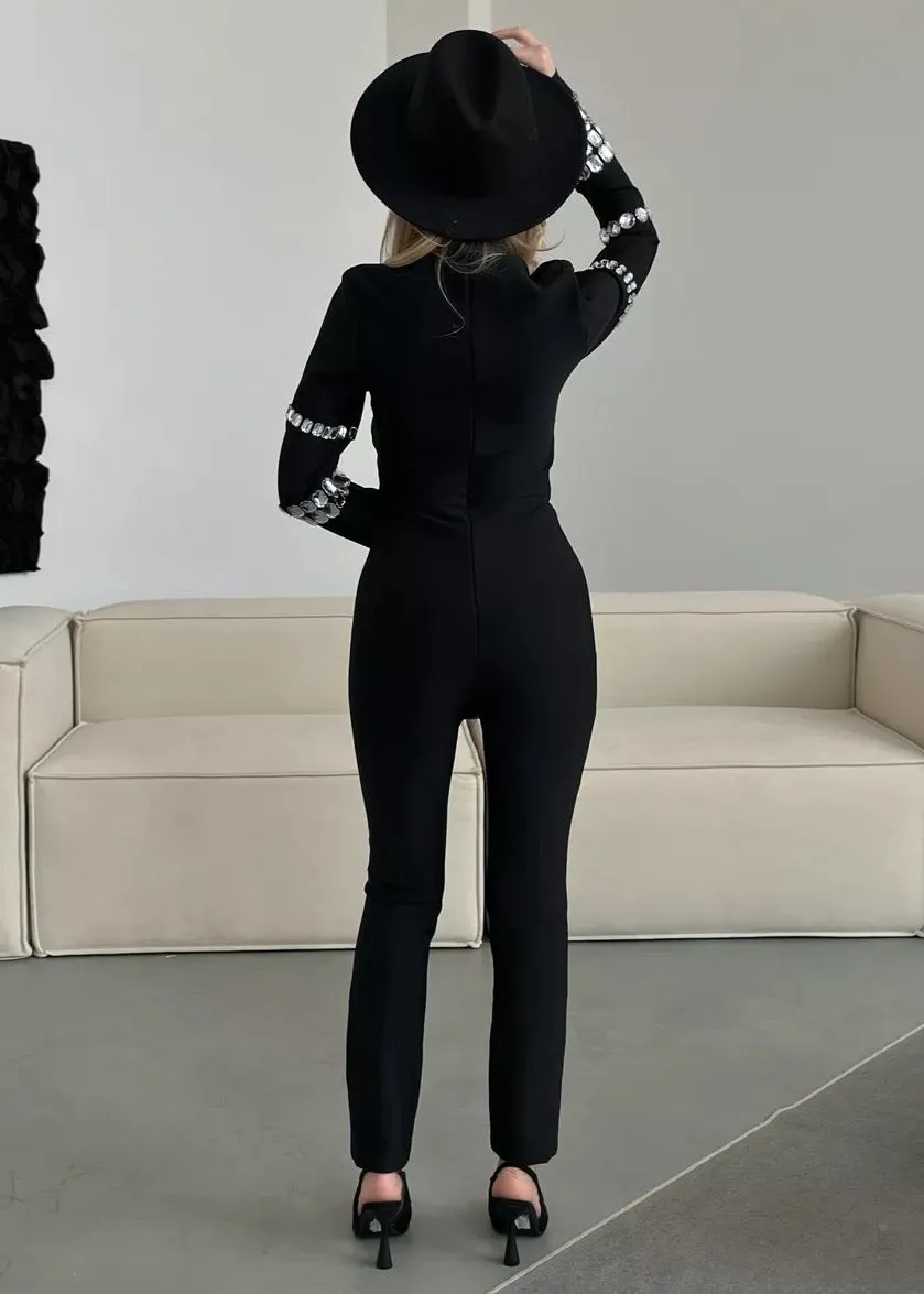 Ksenia Crystal Embroidered Bandage Jumpsuit