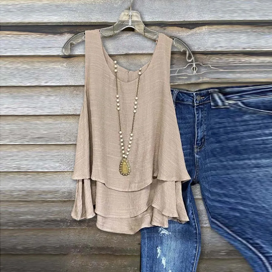 Linen-look Double Layer Triple Tiered Boho Tank Top