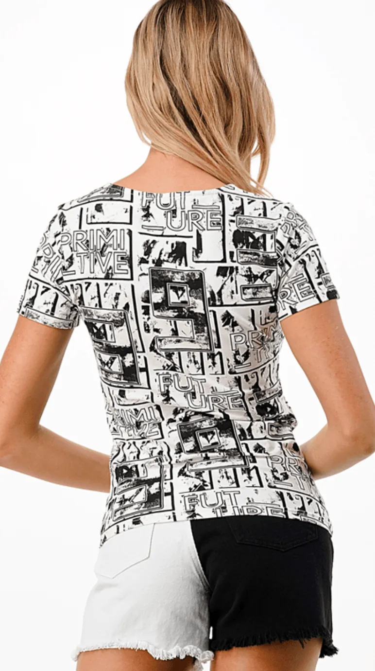 Lizette Blouse LC3568 Newsprint Black White