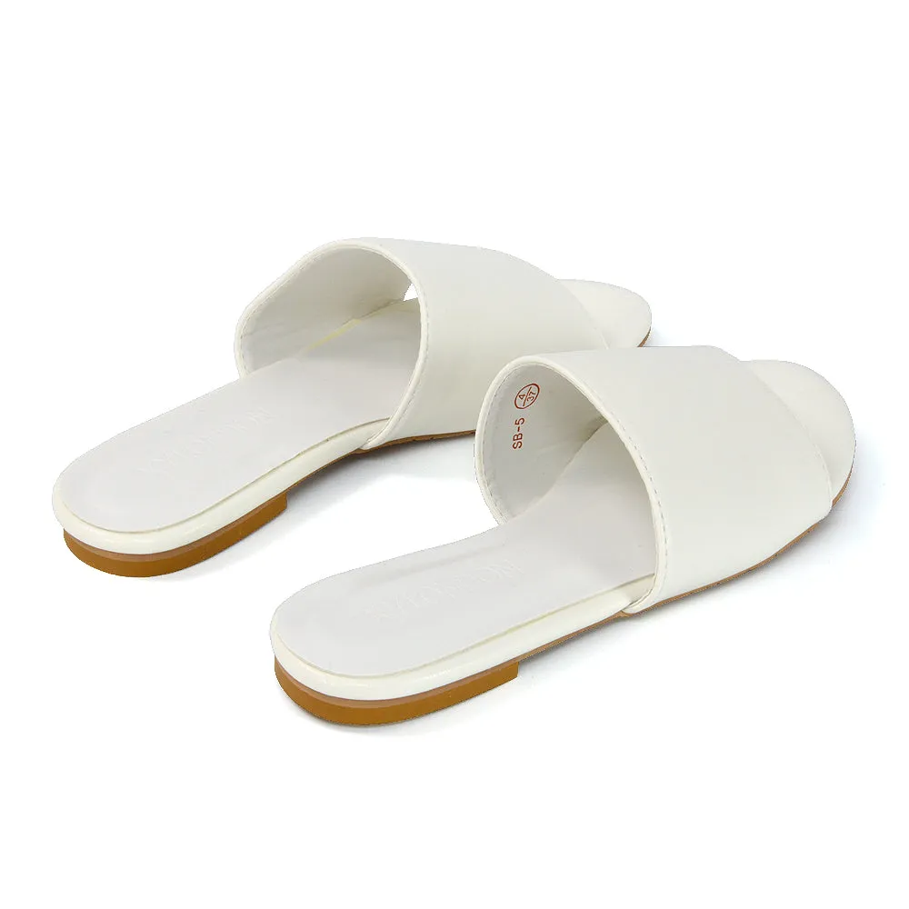Peony Flat Strappy Slip on Slider Summer Sandals in White Synthetic Leather
