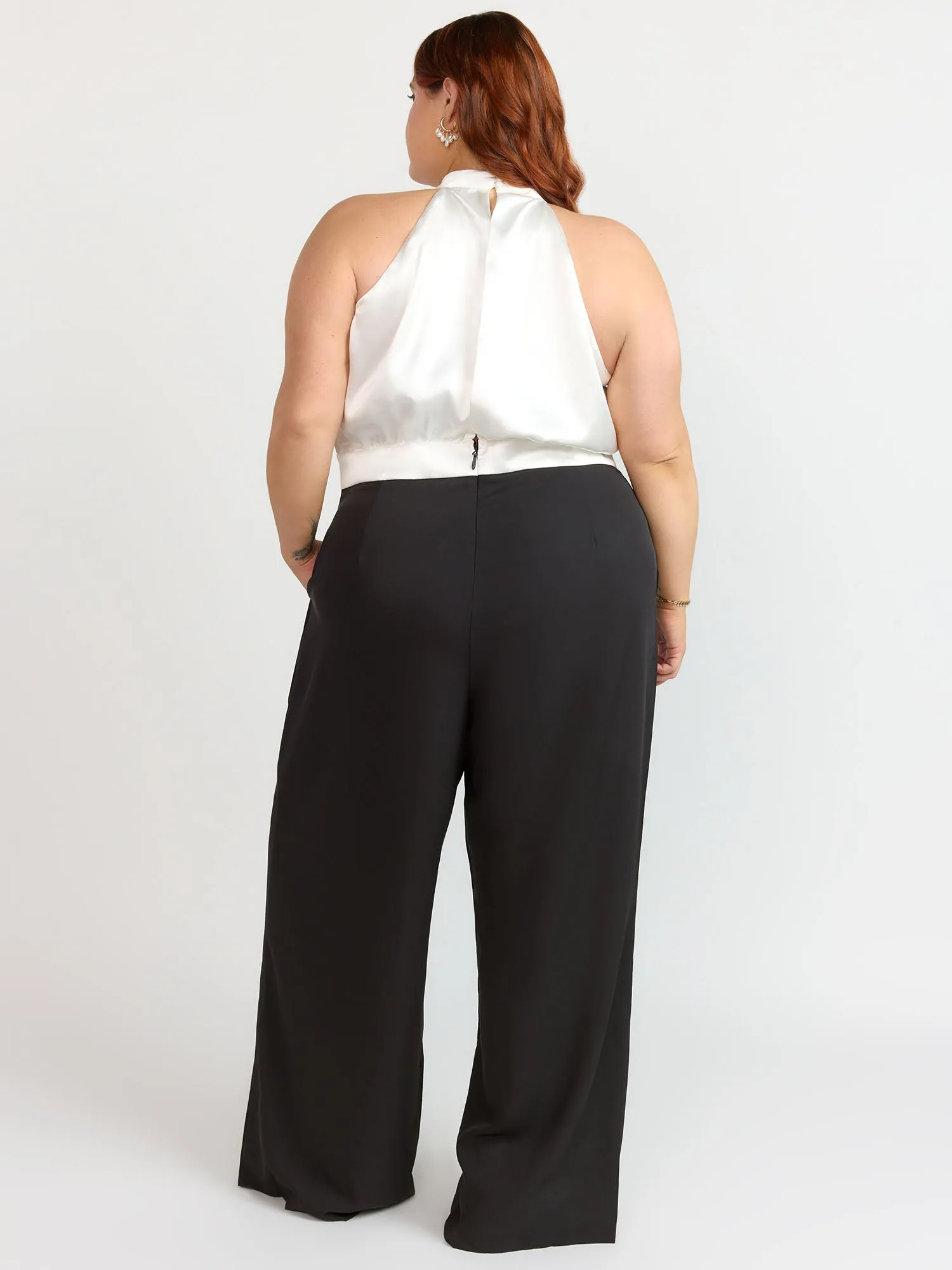 Plus Sleeveless Satin Rosette Jumpsuit