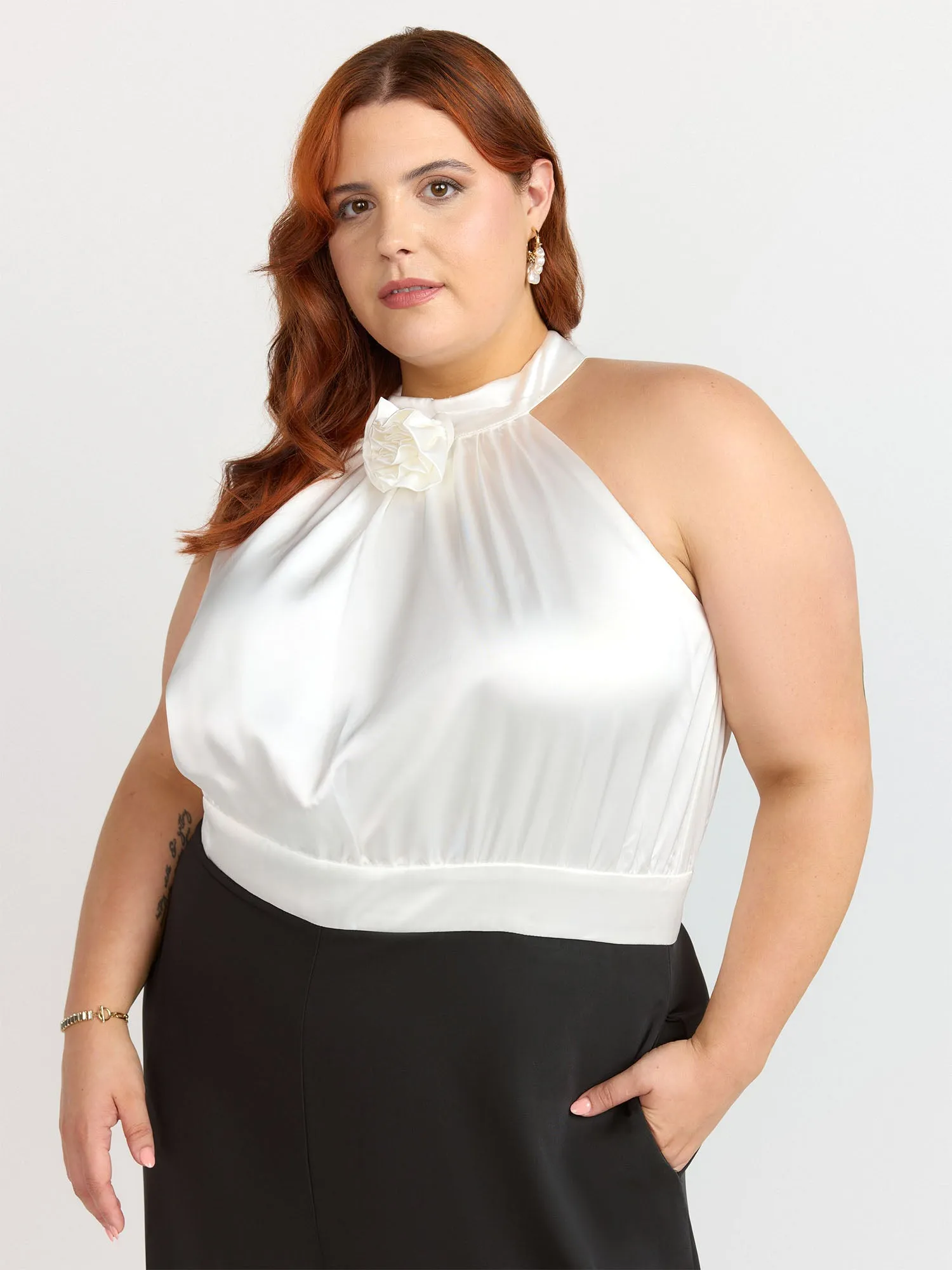 Plus Sleeveless Satin Rosette Jumpsuit