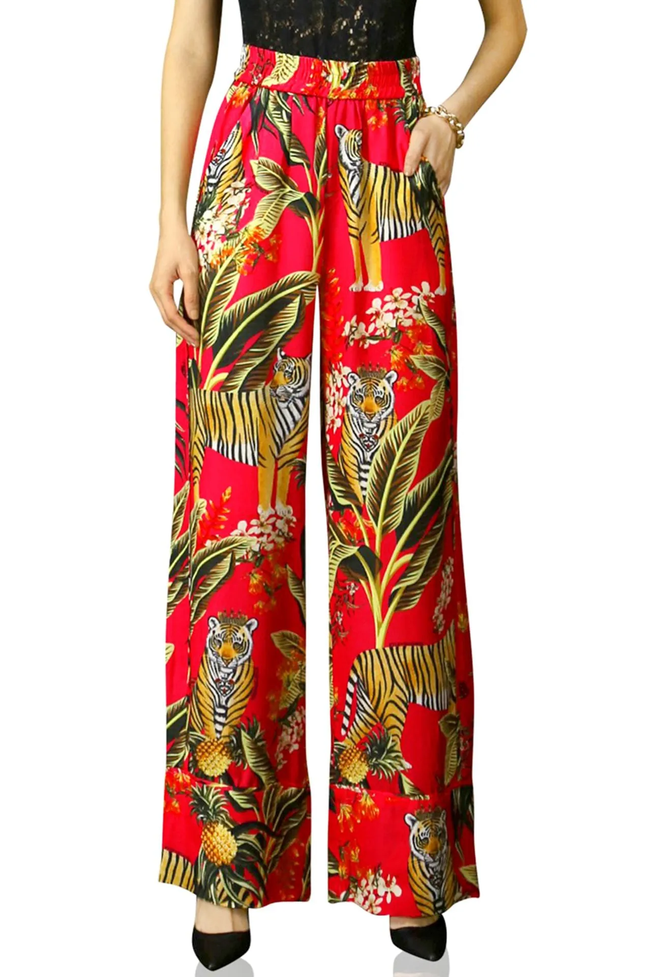Printed Silk Pants-Red