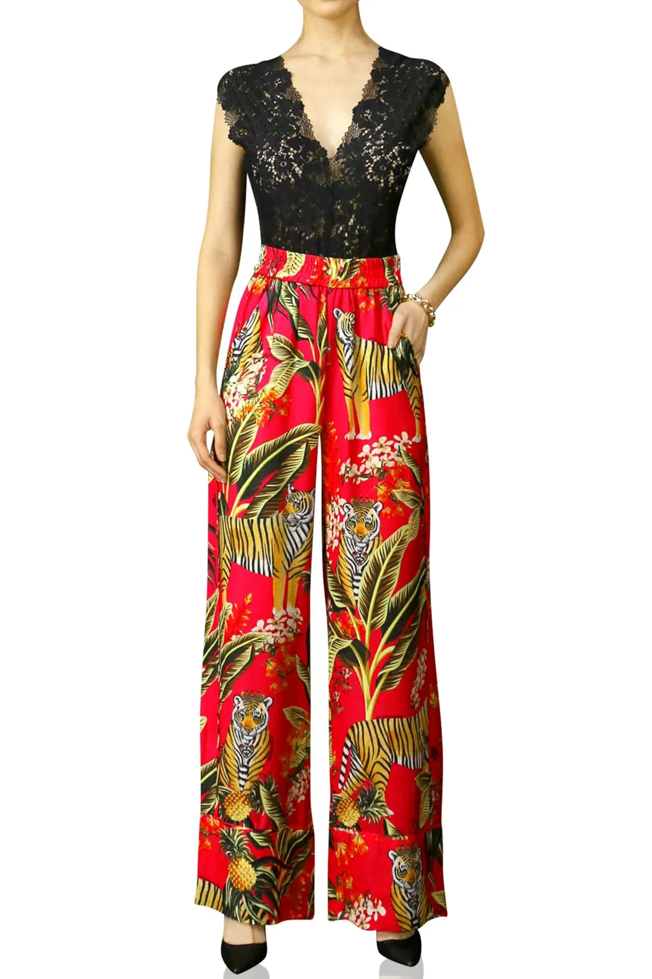 Printed Silk Pants-Red
