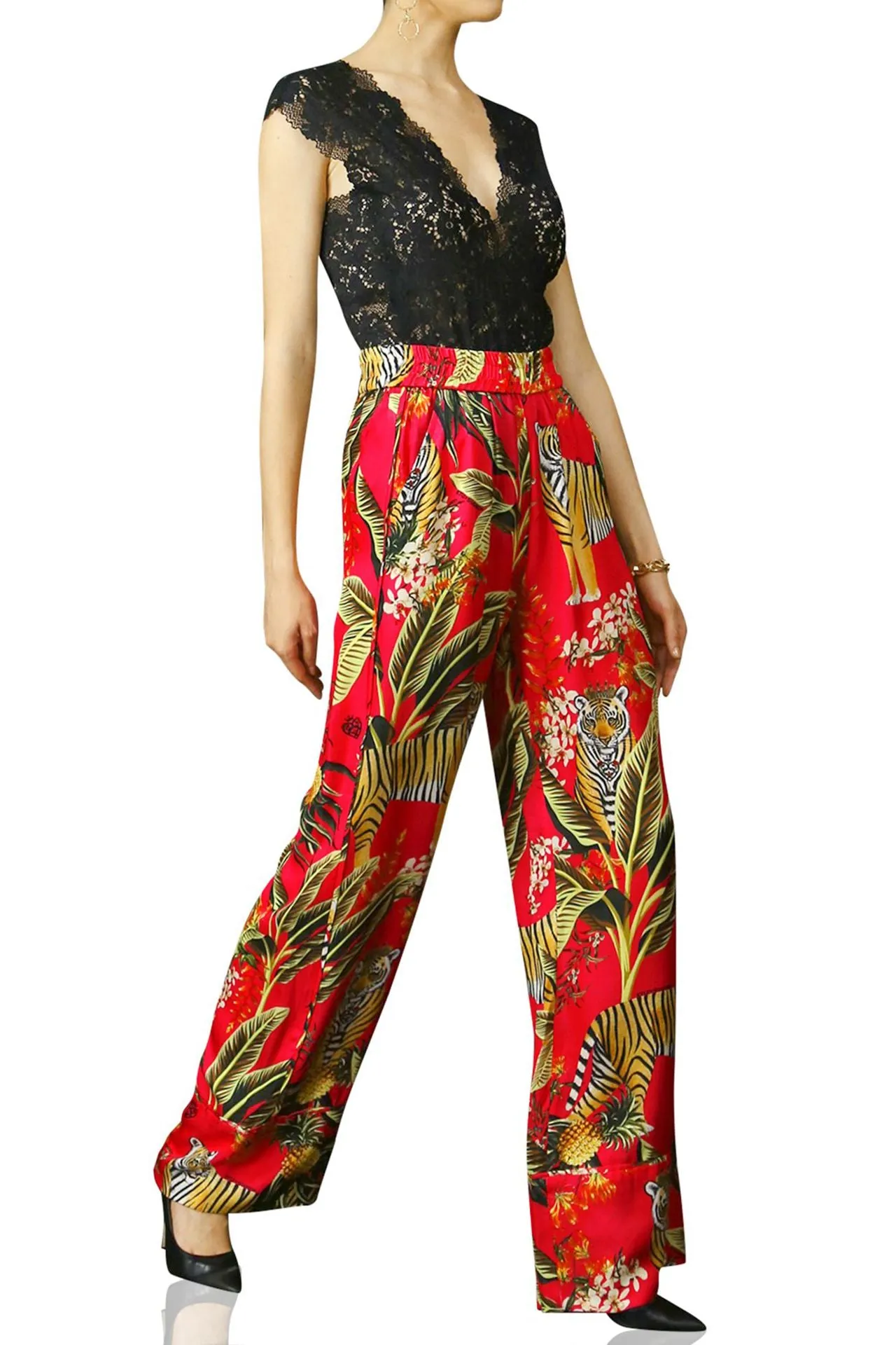 Printed Silk Pants-Red