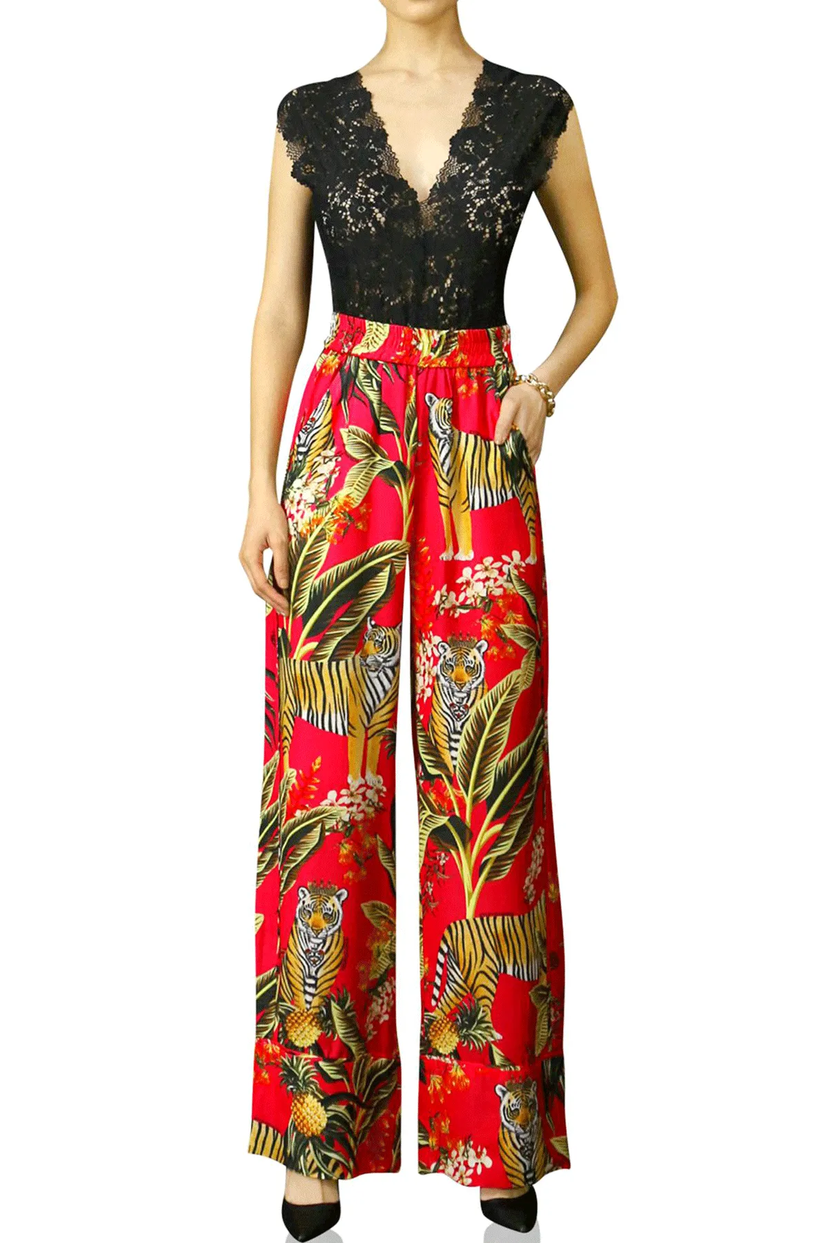 Printed Silk Pants-Red