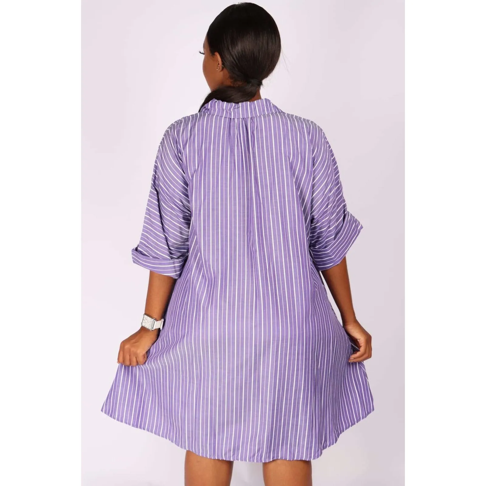 V-Neck Striped Bubble Shirt Dress 