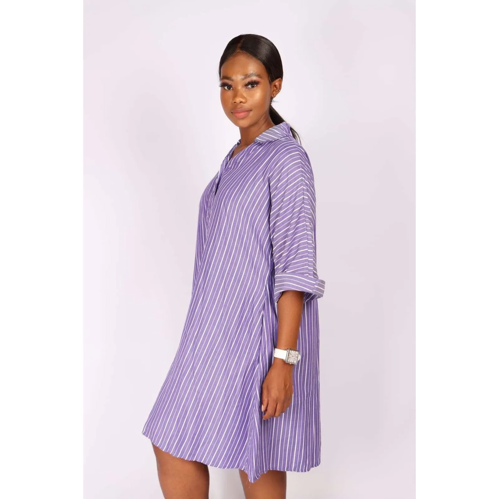 V-Neck Striped Bubble Shirt Dress 