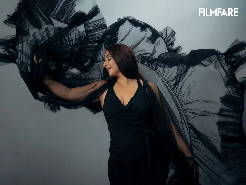 Vidya Balan in Nirmooha's Bespoke Carbon Net Ruffle Cape for the Filmfare Cover Shoot