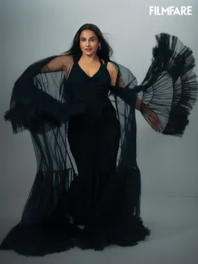 Vidya Balan in Nirmooha's Bespoke Carbon Net Ruffle Cape for the Filmfare Cover Shoot