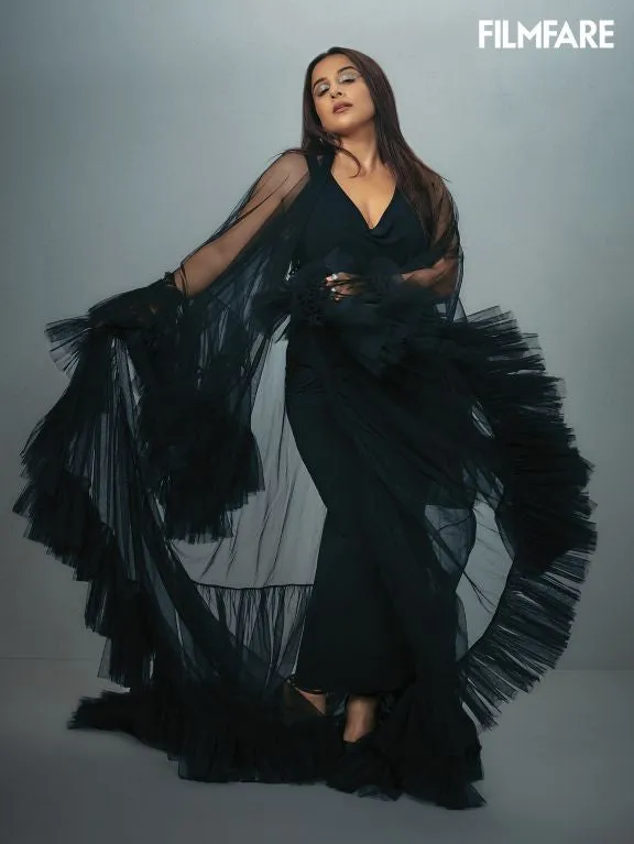 Vidya Balan in Nirmooha's Bespoke Carbon Net Ruffle Cape for the Filmfare Cover Shoot