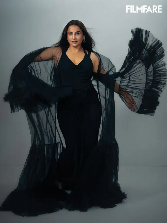 Vidya Balan in Nirmooha's Bespoke Carbon Net Ruffle Cape for the Filmfare Cover Shoot
