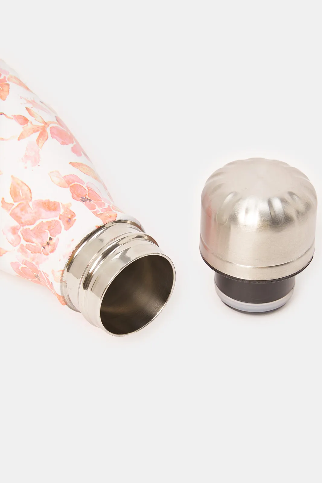 White And Pink Floral Printed Water Bottle