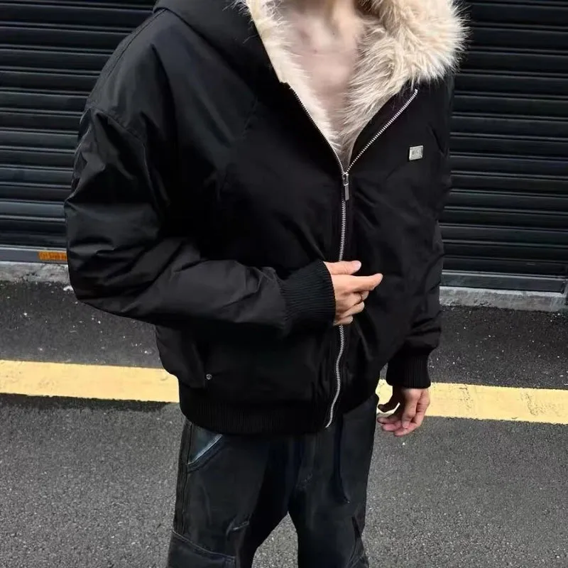 WIAOFELLAS  -  Winter Street Harajuku Mens Parkas Fleece Trendy Metal Label Silhouette Warm Cotton Jackets Zipper Loose Thickening Coats Male